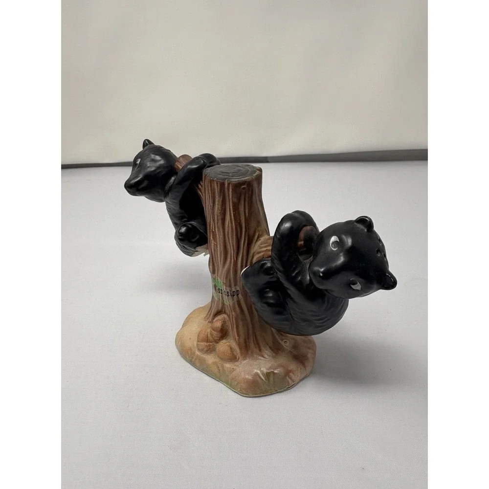Vintage Japan Ceramic Black White Bear Cubs Hanging Tree Salt Pepper Shakers MCM